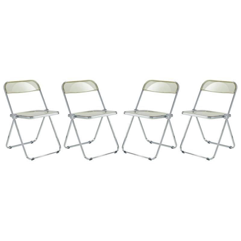 LeisureMod Lawrence Acrylic Folding Chair With Metal Frame in Amber (Set of 4)