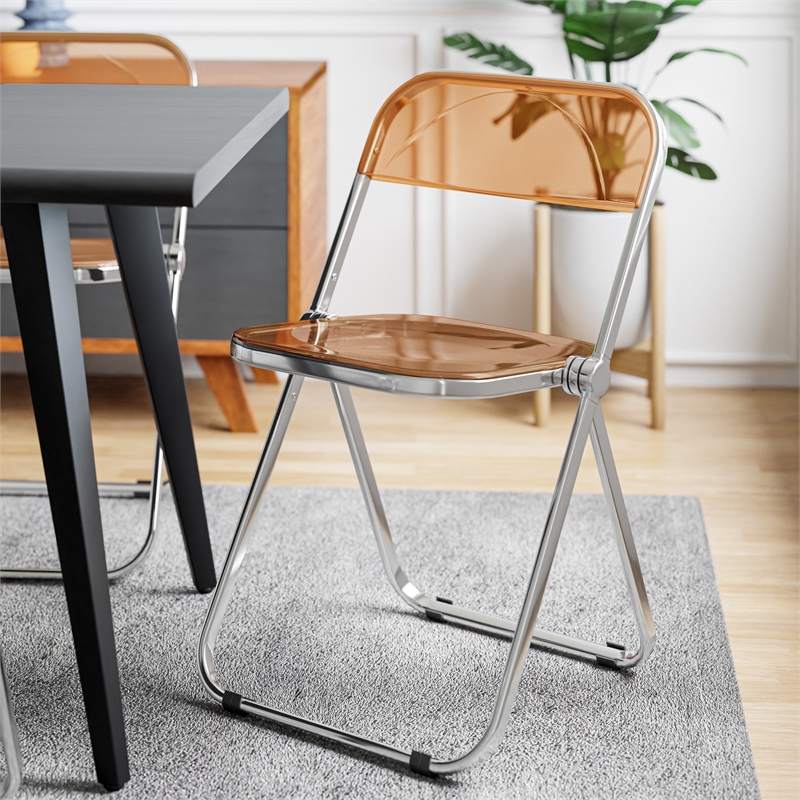 LeisureMod Lawrence Acrylic Folding Chair With Metal Frame Set of 4 in Tangerine