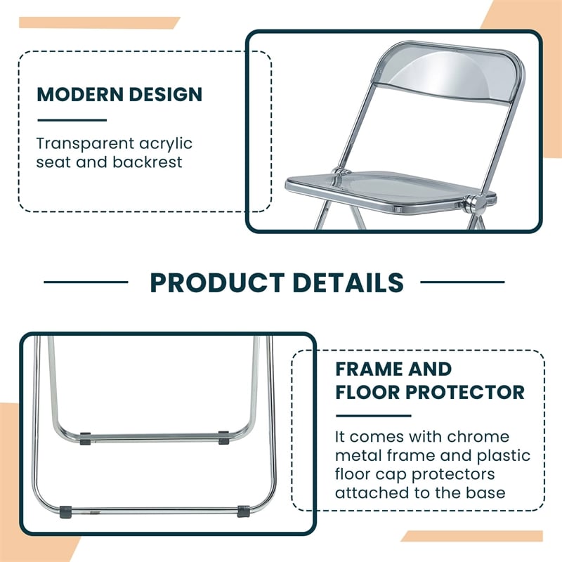 LeisureMod Lawrence Acrylic Folding Chair With Metal Frame Set of 2 in Black