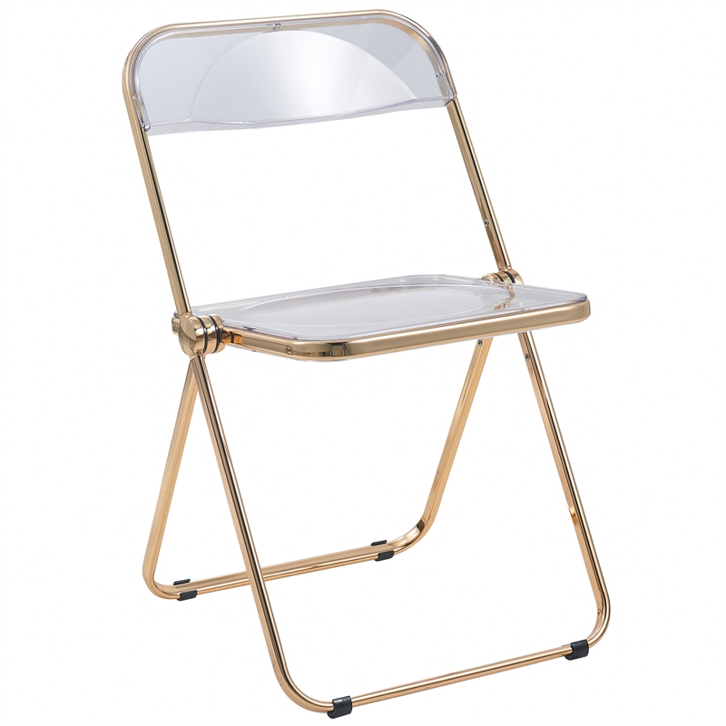 LeisureMod Lawrence Acrylic Folding Chair With Gold Metal Frame in Clear