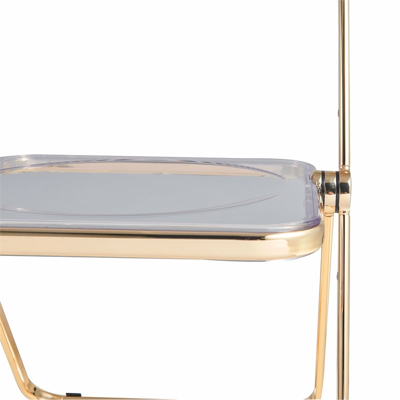 LeisureMod Lawrence Acrylic Folding Chair Gold Metal Frame Set of 2 in Clear