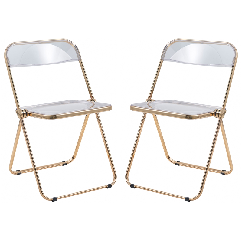 LeisureMod Lawrence Acrylic Folding Chair Gold Metal Frame Set of 2 in Clear