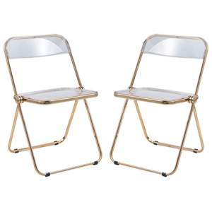 LeisureMod Lawrence Acrylic Folding Chair Gold Metal Frame Set of 2 in Clear