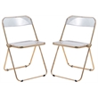 LeisureMod Lawrence Acrylic Folding Chair Gold Metal Frame Set of 2 in Clear