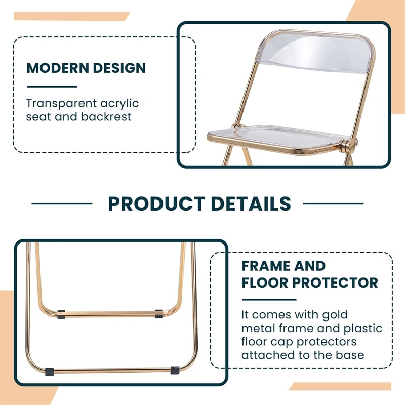 LeisureMod Lawrence Acrylic Folding Chair Gold Metal Frame Set of 4 in Clear