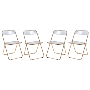 LeisureMod Lawrence Acrylic Folding Chair Gold Metal Frame Set of 4 in Clear