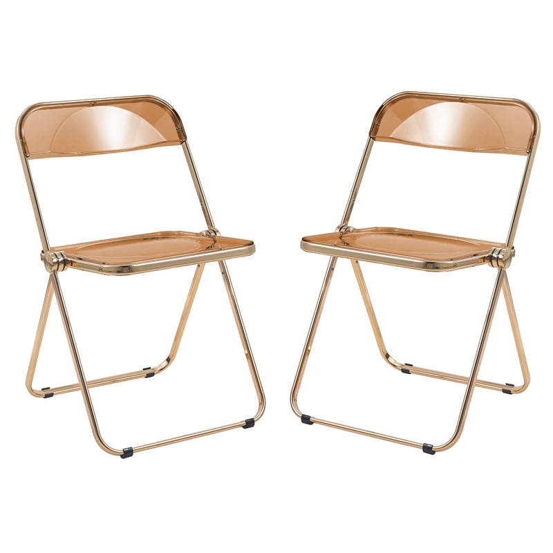 LeisureMod Lawrence Acrylic Folding Chair Gold Metal Frame Set of 2 in Tangerine
