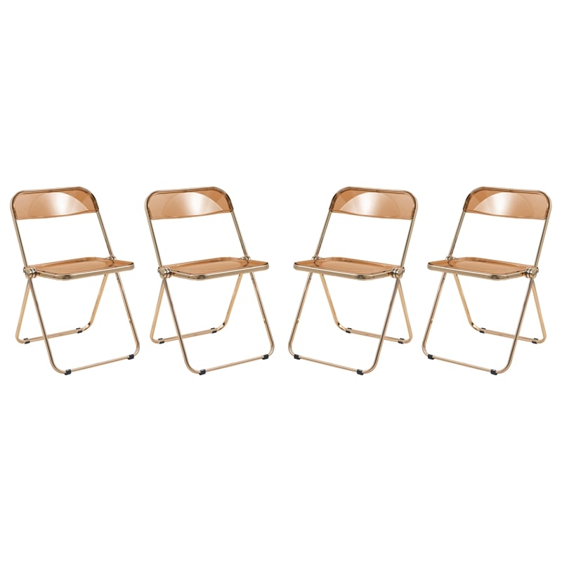 LeisureMod Lawrence Acrylic Folding Chair Gold Metal Frame Set of 4 in Tangerine