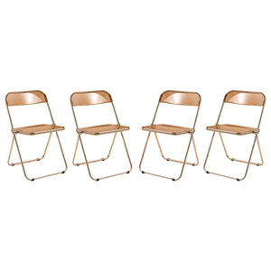 LeisureMod Lawrence Acrylic Folding Chair Gold Metal Frame Set of 4 in Tangerine