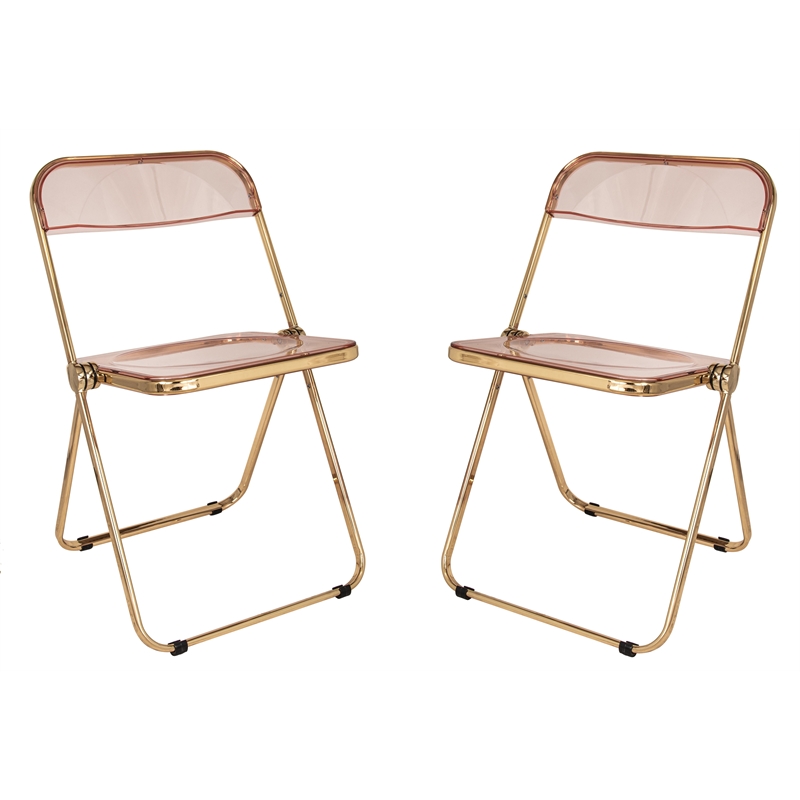 LeisureMod Lawrence Acrylic Folding Chair Gold Metal Frame Set of 2 in Rose Pink