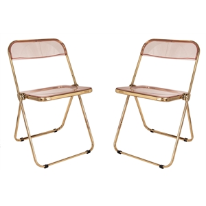 LeisureMod Lawrence Acrylic Folding Chair Gold Metal Frame Set of 2 in Rose Pink