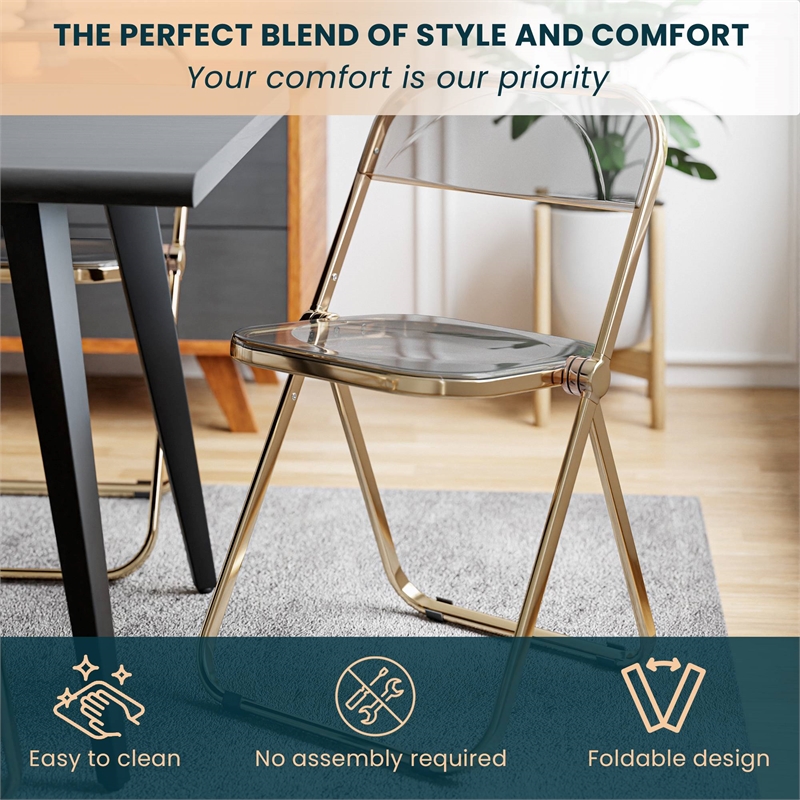 LeisureMod Lawrence Acrylic Folding Chair Gold Metal Frame Set of 2 in Black