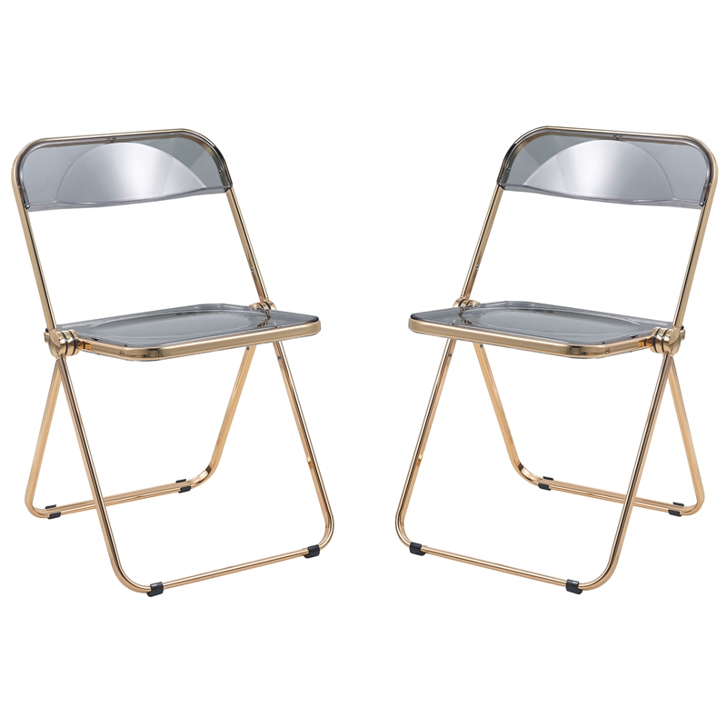 LeisureMod Lawrence Acrylic Folding Chair Gold Metal Frame Set of 2 in Black
