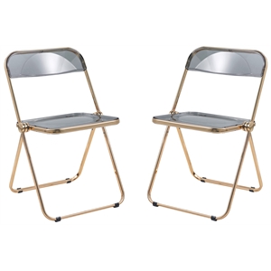 LeisureMod Lawrence Acrylic Folding Chair Gold Metal Frame Set of 2 in Black
