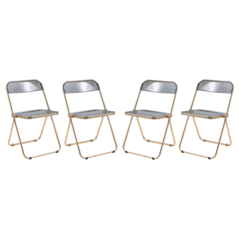 LeisureMod Lawrence Acrylic Folding Chair Gold Metal Frame Set of 4 in Black