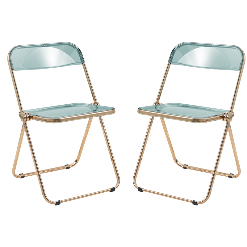 LeisureMod Lawrence Acrylic Folding Chair Gold Metal Frame 2 Set in Jade Green