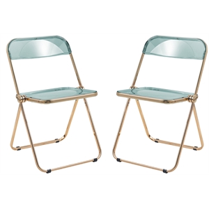 LeisureMod Lawrence Acrylic Folding Chair Gold Metal Frame 2 Set in Jade Green