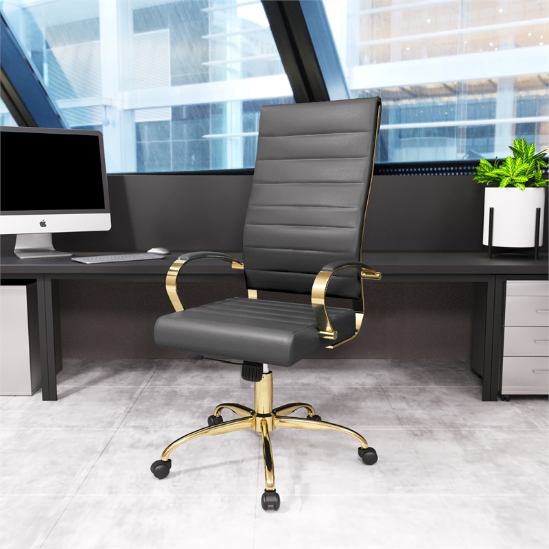 LeisureMod Benmar High-Back Leather Office Chair With Gold Frame in Gray
