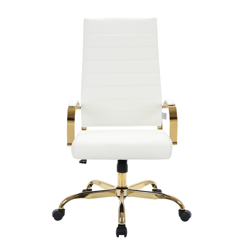 LeisureMod Benmar High-Back Leather Office Chair With Gold Frame in White