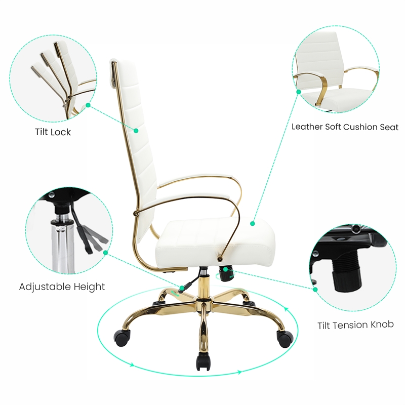 LeisureMod Benmar High-Back Leather Office Chair With Gold Frame in White