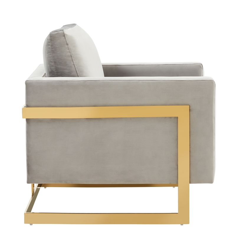 LeisureMod Lincoln Velvet Accent Arm Chair With Gold Frame in Light Gray
