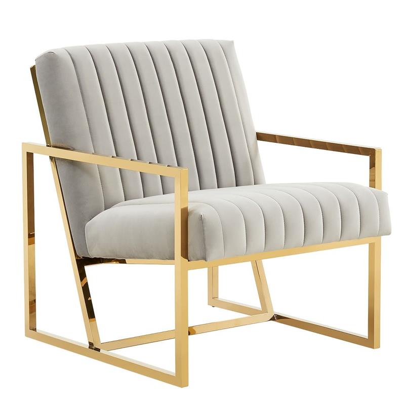 LeisureMod Montgomery Velvet Pinstripe Accent Chair Armchair In Light Grey