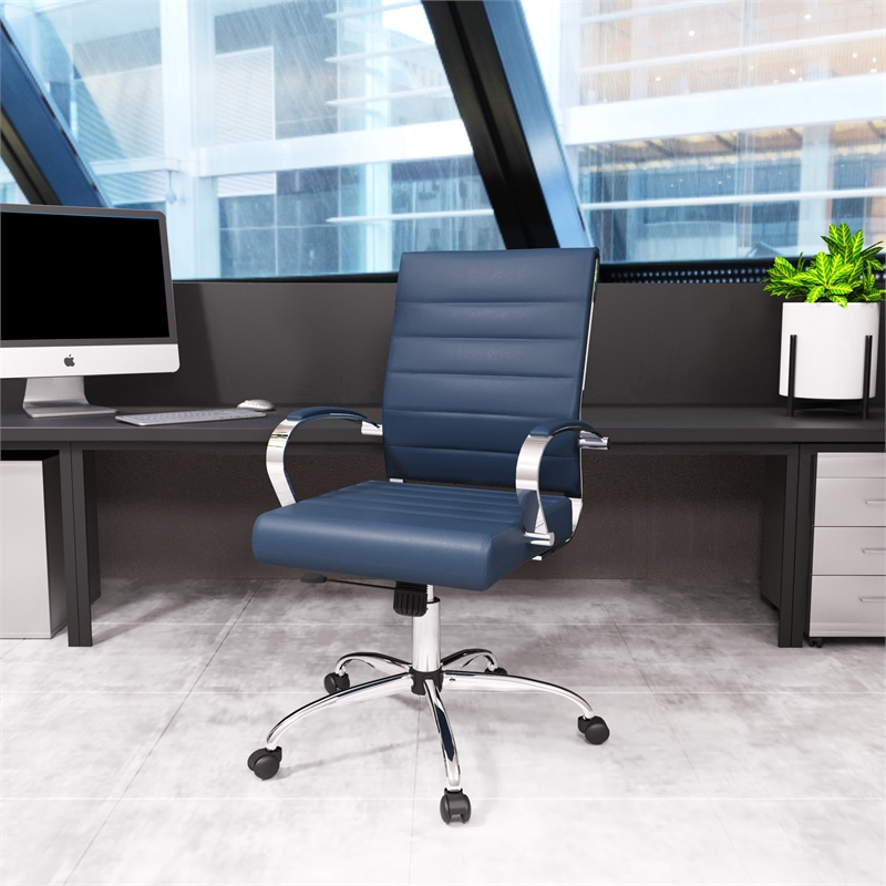 LeisureMod Benmar Modern Leatherette Executive Swivel Office Chair In Navy Blue