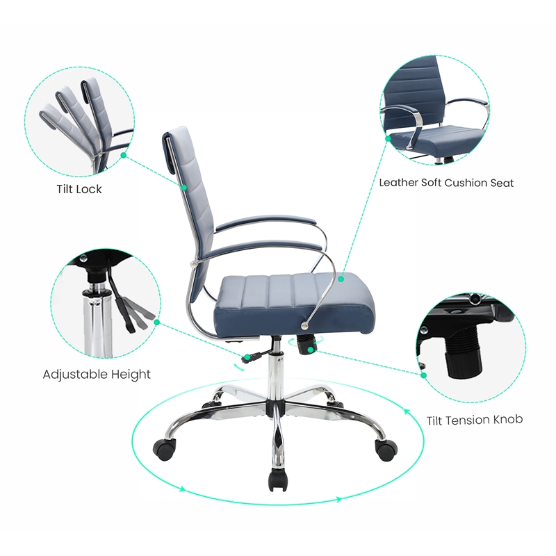 LeisureMod Benmar Modern Leatherette Executive Swivel Office Chair In Navy Blue