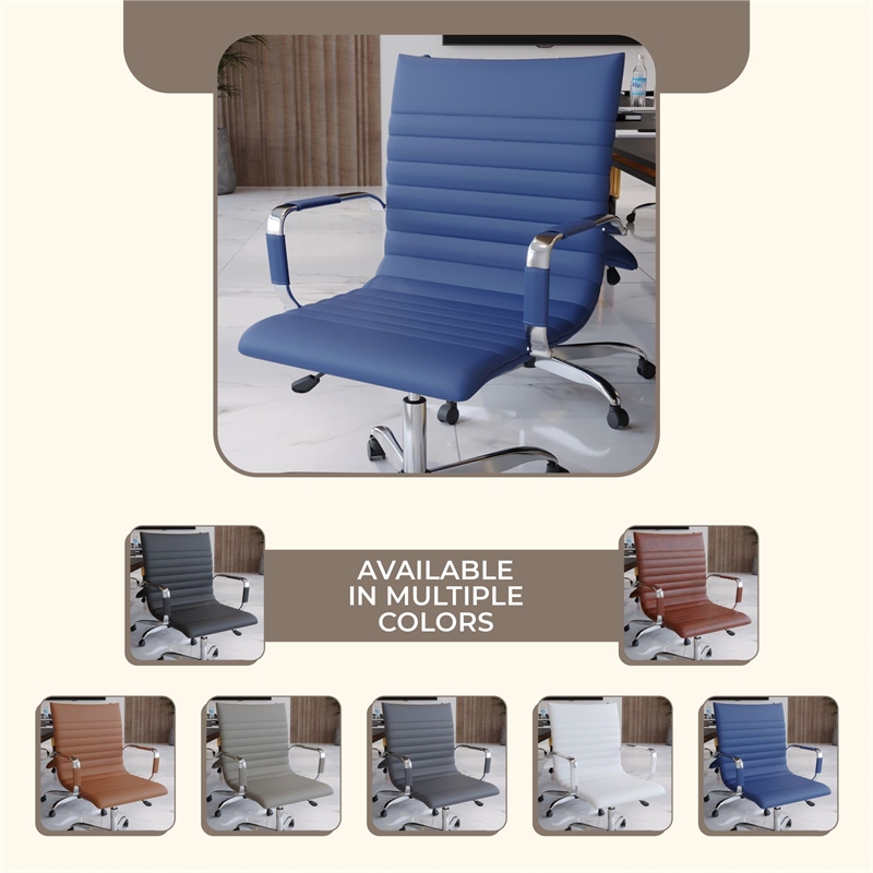 LeisureMod Harris Modern Leather Adjustable Swivel Office Chair in Navy Blue