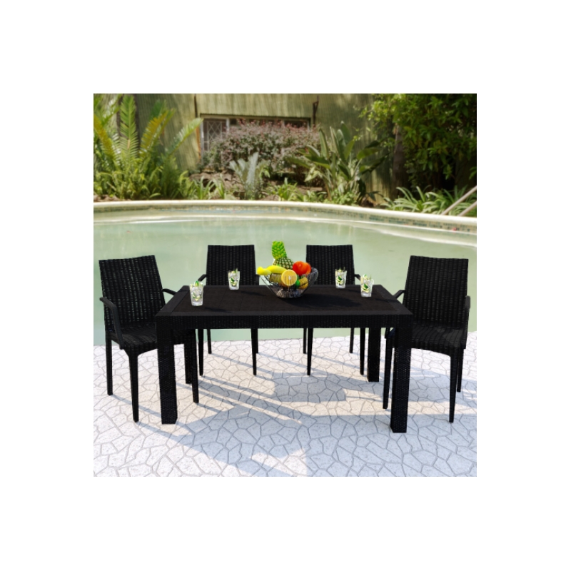 LeisureMod Mace Modern Weave Design Outdoor Patio Rectangle Black Dining Table