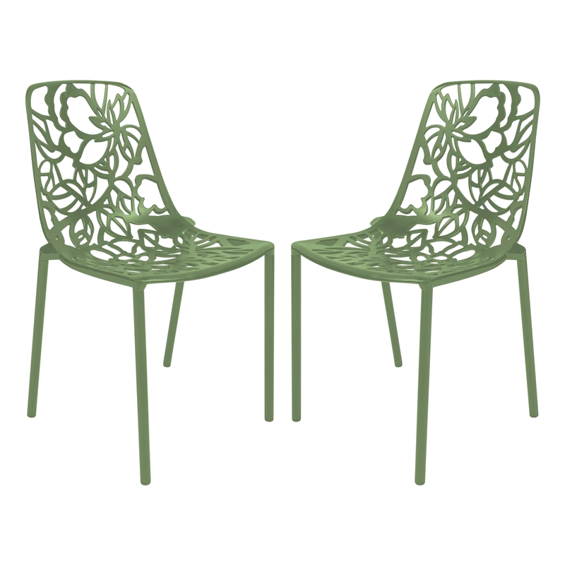 LeisureMod Devon Modern Indoor Outdoor Dining Chair in Khaki Green Set of 2