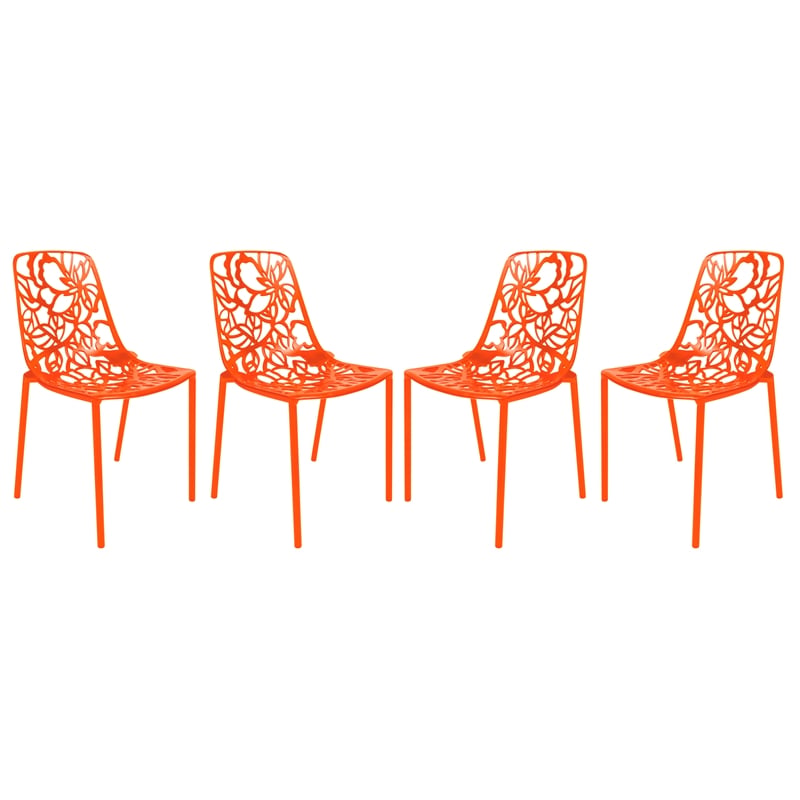 LeisureMod Devon Modern Indoor Outdoor Aluminum Dining Chair in Orange Set of 4