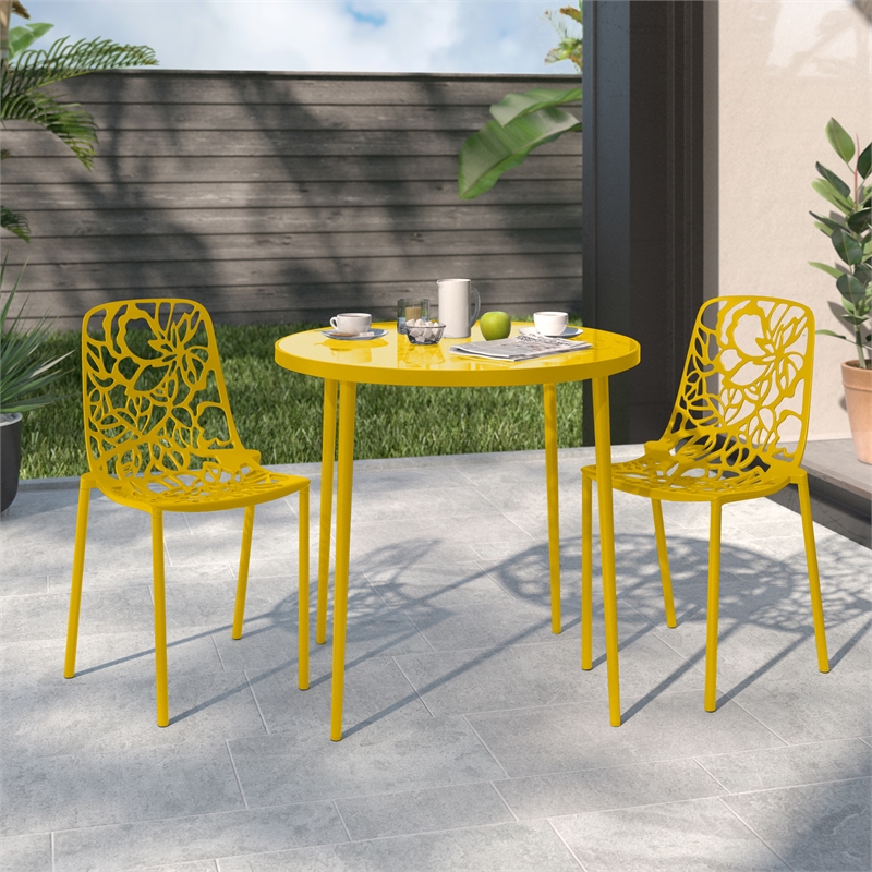 LeisureMod Devon Modern Indoor Outdoor Aluminum Dining Chair in Yellow Set of 2