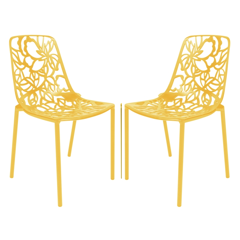 LeisureMod Devon Modern Indoor Outdoor Aluminum Dining Chair in Yellow Set of 2
