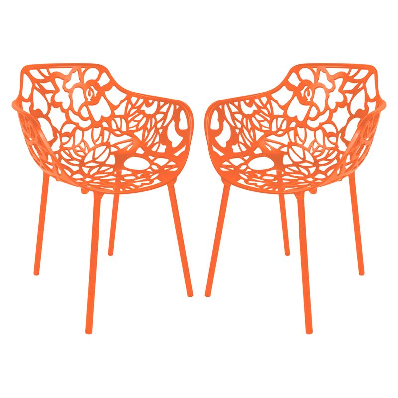 LeisureMod Devon Modern Aluminum Patio Dining Armchair in Orange (Set of 2)