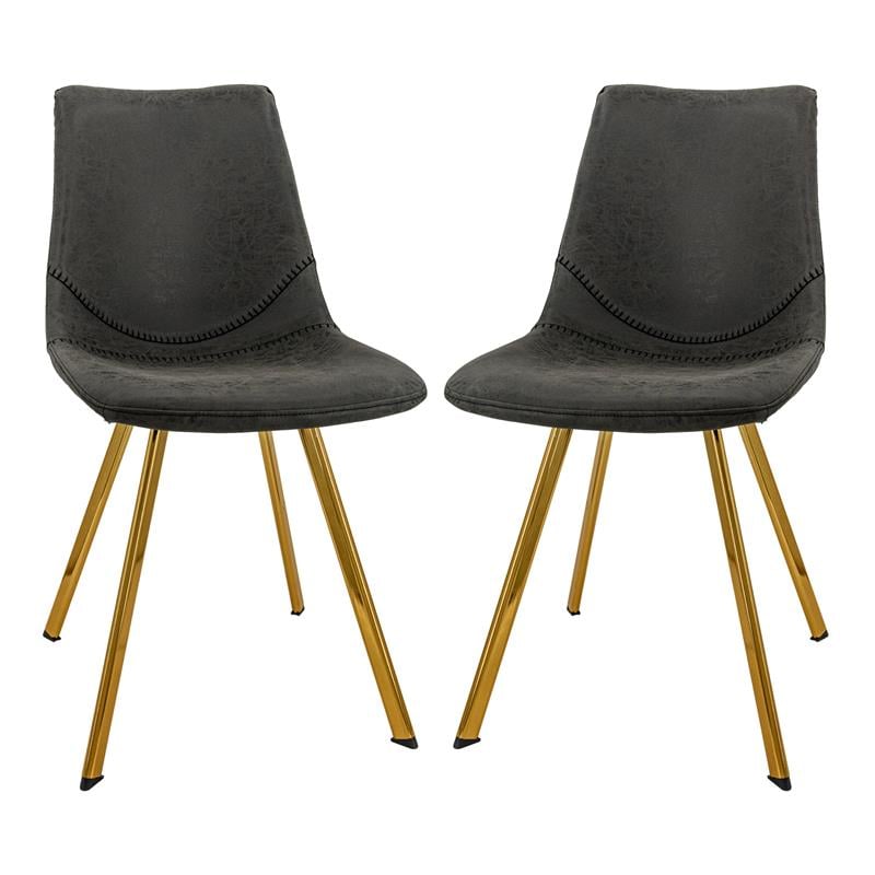 LeisureMod Markley Leather Dining Chair With Gold Legs Set of 2 Charcoal Black