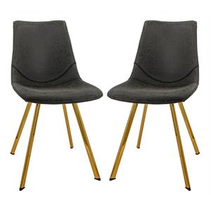 LeisureMod Markley Leather Dining Chair With Gold Legs Set of 2 Charcoal Black