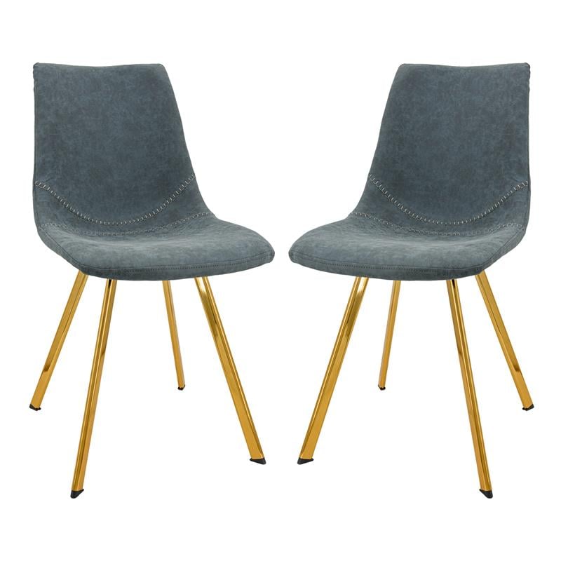 LeisureMod Markley Leather Dining Chair With Gold Legs Set of 2 Peacock Blue