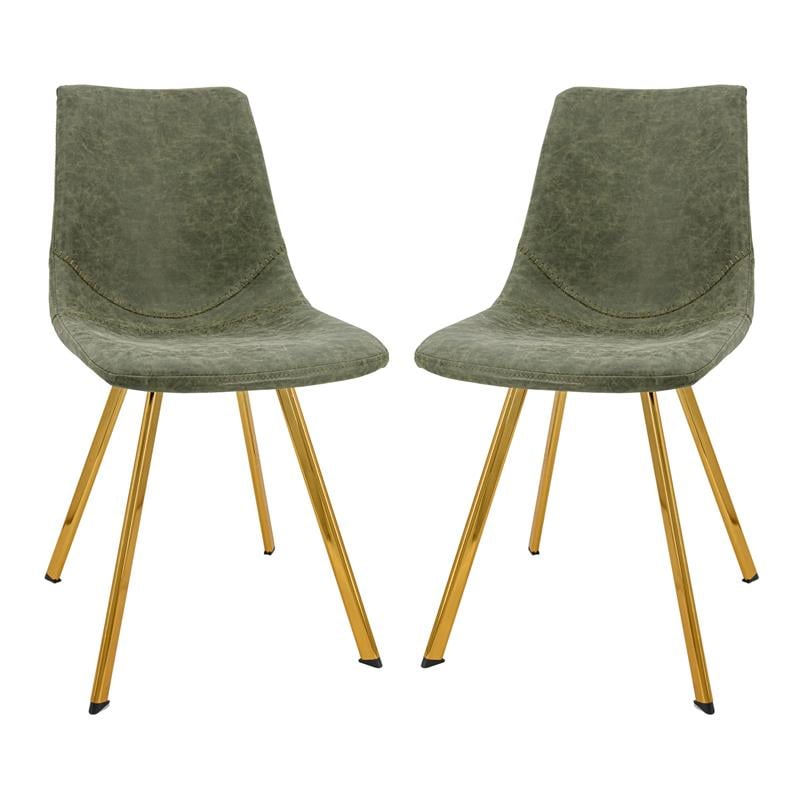 LeisureMod Markley Leather Dining Chair With Gold Legs Set of 2 Olive Green