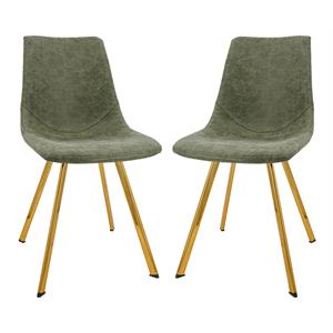 LeisureMod Markley Leather Dining Chair With Gold Legs Set of 2 Olive Green