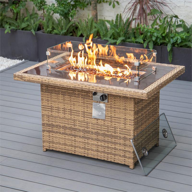 LeisureMod Mace Outdoor Modern Wicker / Rattan Fire Pit Table in Light Brown
