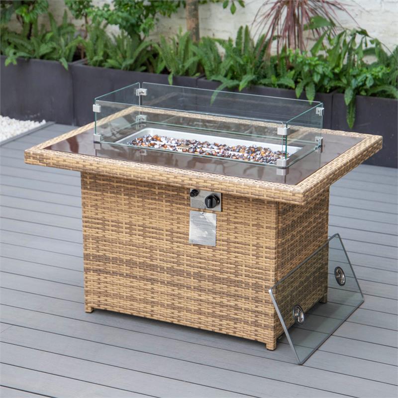 LeisureMod Mace Outdoor Modern Wicker / Rattan Fire Pit Table in Light Brown