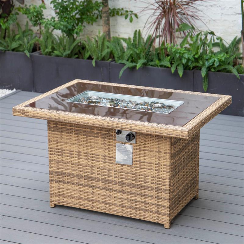 LeisureMod Mace Outdoor Modern Wicker / Rattan Fire Pit Table in Light Brown