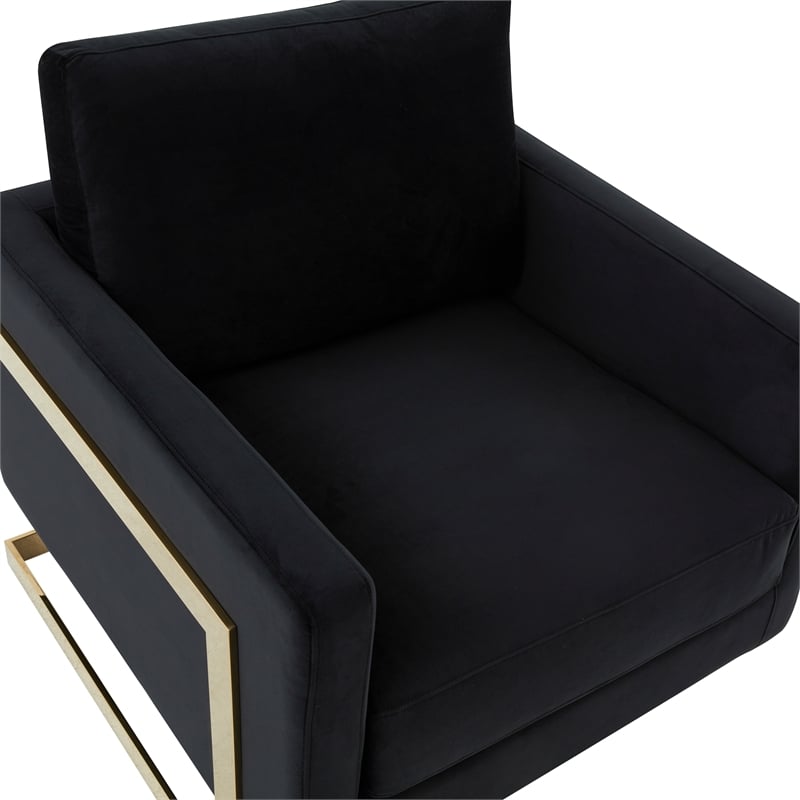 LeisureMod Lincoln Velvet Accent Arm Chair With Gold Frame in Midnight Black