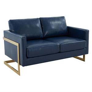 LeisureMod Lincoln 55&quot Modern Upholstered Leather Loveseat in Navy Blue