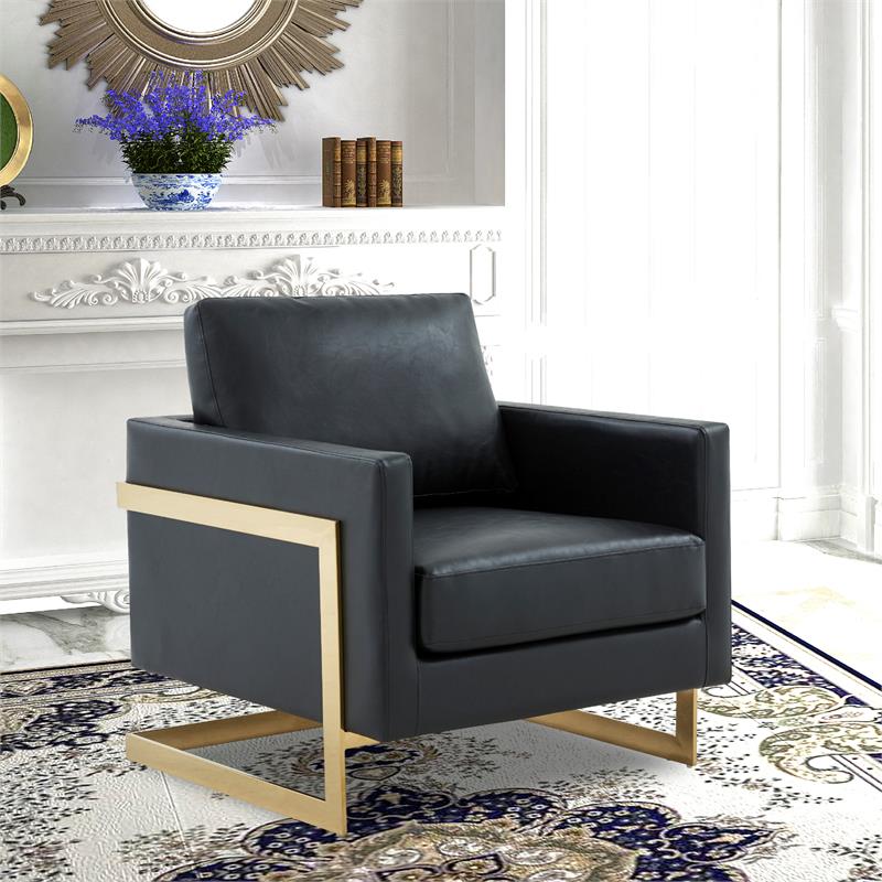 LeisureMod Lincoln Leather Accent Arm Chair With Gold Frame in Black