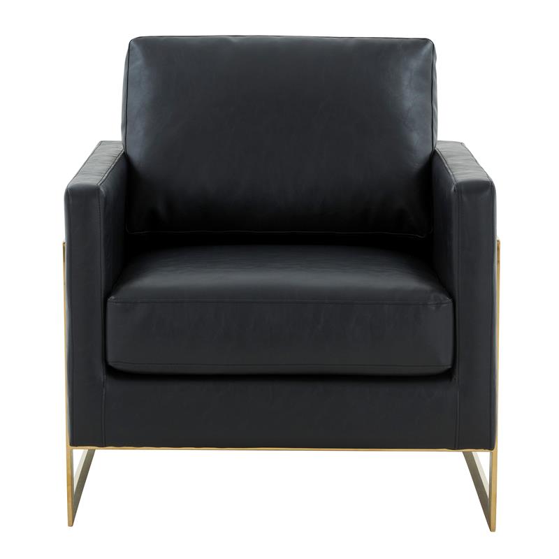 LeisureMod Lincoln Leather Accent Arm Chair With Gold Frame in Black