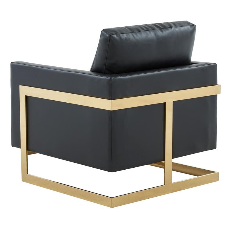 LeisureMod Lincoln Leather Accent Arm Chair With Gold Frame in Black