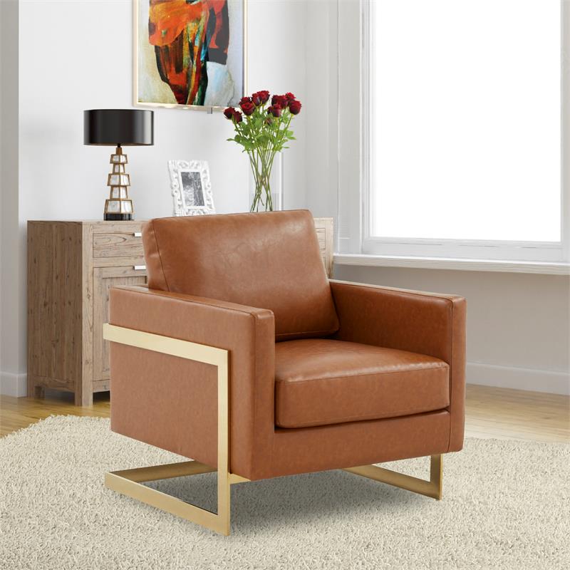 LeisureMod Lincoln Leather Accent Arm Chair With Gold Frame in Cognac Tan