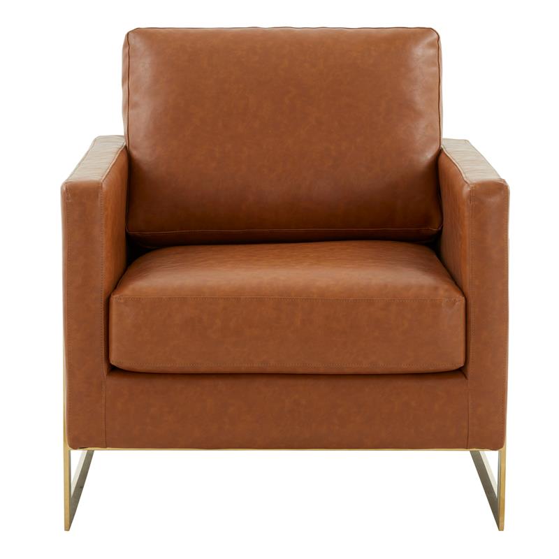 LeisureMod Lincoln Leather Accent Arm Chair With Gold Frame in Cognac Tan